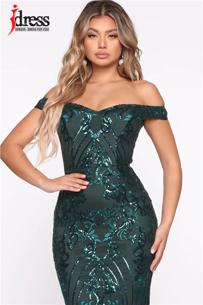Holiday Off the Shoulder Fit and Flare Shimmer Long Dress