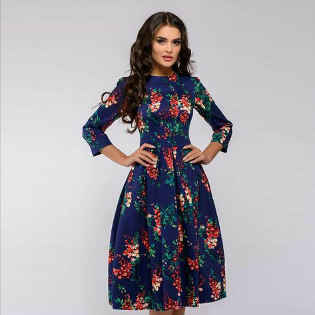 Navy and Red Retro Print Dress with 3/4 Sleeve