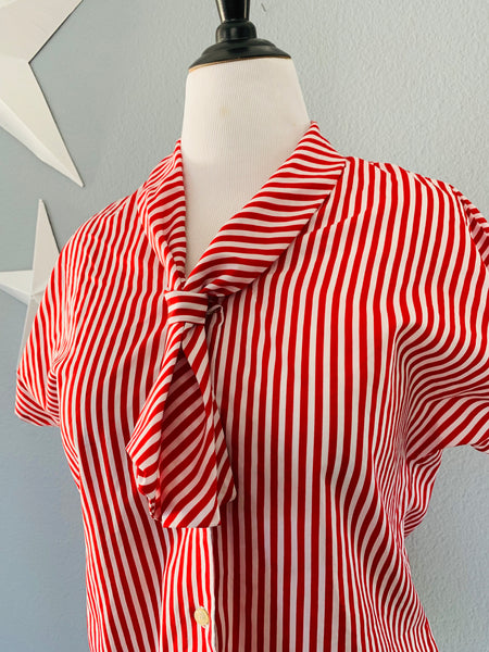 50’s Rhoda Lee Red and White Stripe Tie Front Top XL