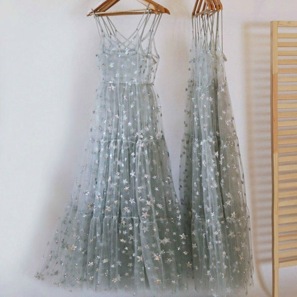 Starry Night Long Glitter and Tulle Sheer Dress