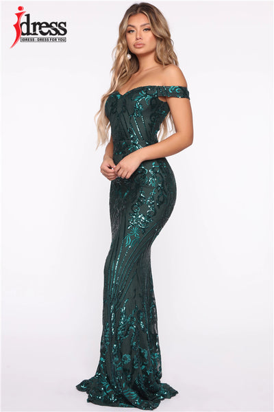 Holiday Off the Shoulder Fit and Flare Shimmer Long Dress