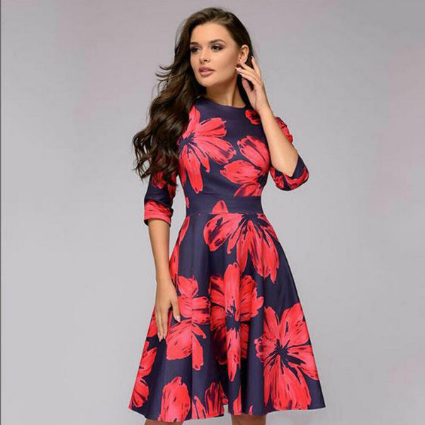 Navy and Red Retro Print Dress with 3/4 Sleeve