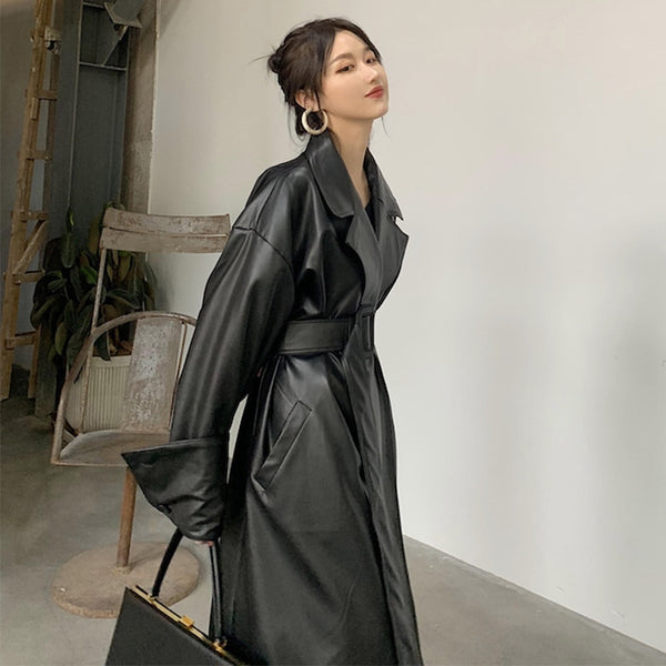 Leather Style Oversized Trench Coat with Belt