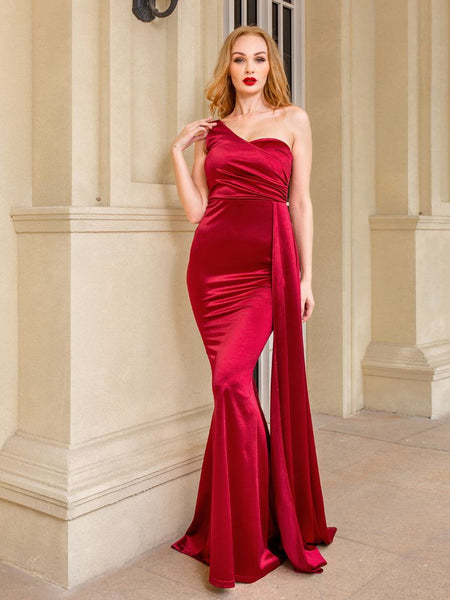 Holiday Satin One Shoulder Mermaid Glam Gown
