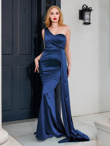 Holiday Satin One Shoulder Mermaid Glam Gown