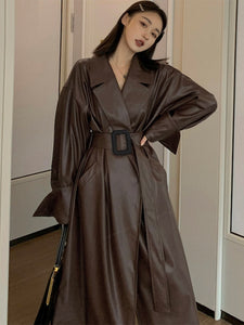 Leather Style Oversized Trench Coat with Belt