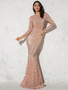 Holiday Long Sleeve Shimmer Stretch Fit and Flare Gown