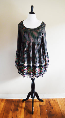 Black Paisley Print Pom-Pom Dress Top