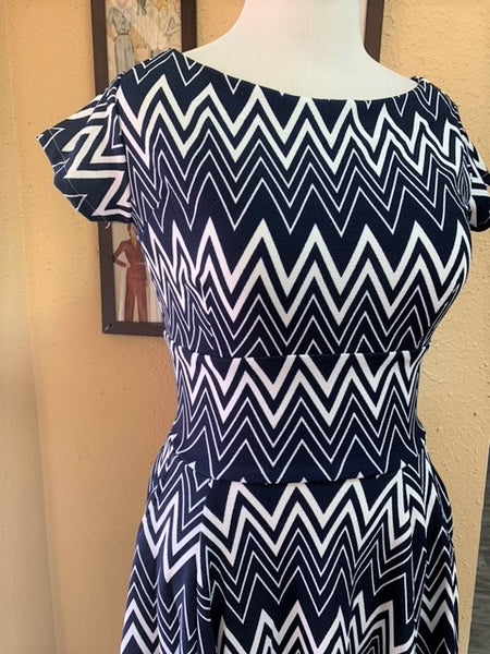 Blue and White Chevron Dress with Pockets