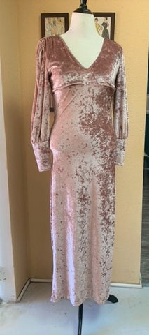 Pink Long 40's Inspired Crushed Velvet Dress with Sleeves