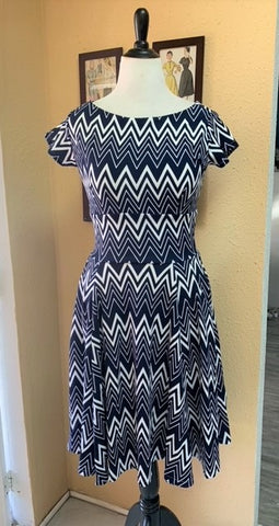 Blue and White Chevron Dress with Pockets