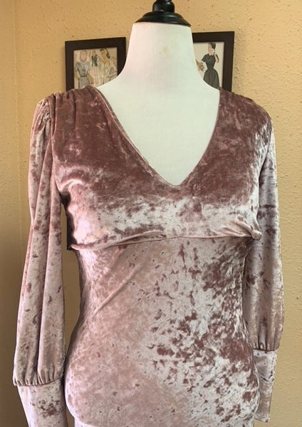 Pink Long 40's Inspired Crushed Velvet Dress with Sleeves