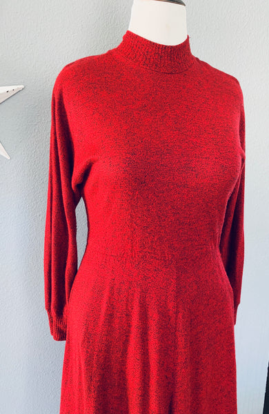 80’s Red and Black Speck Turtle Neck Sweater Dress with Pockets MD