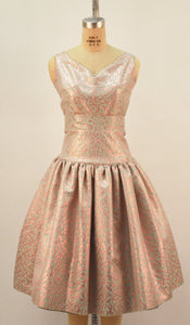 Rita Drop Waist Blue and Rose Gold Brocade Dress - Plus Fashion Up to Size 32