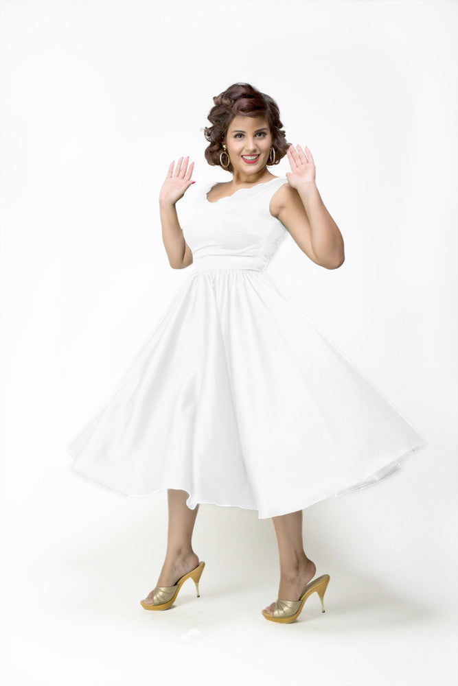 White Brenda Scalloped Neck Sateen Dress - Plus Fashion Up to Size 32